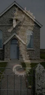 Seahorse silhouette over stone chapel view.