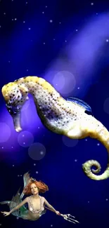 Vibrant seahorse and mermaid in a mystical underwater scene.