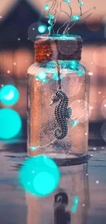 Mystical seahorse in a glowing glass jar with turquoise bokeh lights.