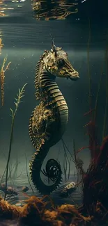 Mystical seahorse in underwater scenery with algae and dark hues.