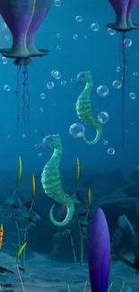 Mystical underwater scene with vibrant seahorses and marine plants.