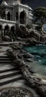 Mystical seaside palace with ocean view under the night sky.