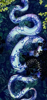 Artistic mystical serpent over lush background with floral elements.