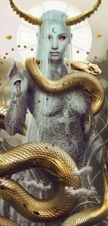 Mystical goddess with golden serpents and celestial elements.