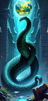 Mystical serpent coiled beneath a glowing orb in ancient ruins.