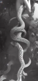 Black and white mystical serpent entwined in a forest setting.