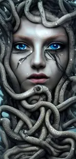 Fantasy artwork of a woman with blue eyes and serpents.