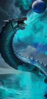 Fantasy serpent rising from ocean under a cosmic sky.