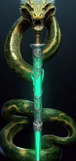 A dark green snake coiling around a glowing blade.