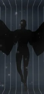 Dark silhouette of an angel against a cosmic background as a phone wallpaper.