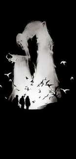 Mystical shadow figure with birds wallpaper in black and white background.