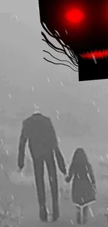 Shadowy figure and child in a misty, eerie setting with red eyes.