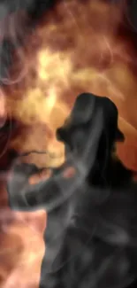 Shadowy figure with hat in fiery smoke design.