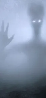 Eerie silhouette of a mystical figure with glowing eyes on a foggy dark background.