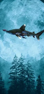 Surreal shark swimming across a moonlit sky with a mystical forest below.