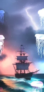 Ship sails with luminous jellyfish under stormy sky wallpaper.