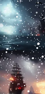 Mystical ship sailing under snowy sky and fiery horizon wallpaper.