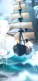 Mystical ship sailing with glowing jellyfish, a fantasy ocean scene.