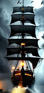 Mystical ship sails through stormy clouds and birds.