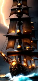 Majestic ship in stormy seas with glowing lights shining through the darkness.