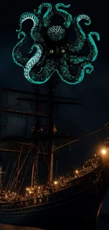 An illuminated ship with a kraken illustration on a dark blue background.