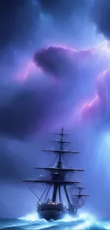 Majestic ship under lightning storm in vivid blue ocean.