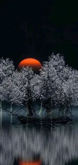 Mystical ship silhouette under red moon with snowy trees and reflections.