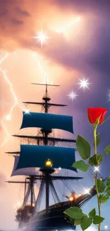 Mystical wallpaper with a ship, stars, and vibrant red rose.