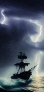 Dramatic ship sailing amidst a storm with lightning and waves.