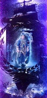 Fantasy mobile wallpaper of a ship and tiger with a purple cosmic theme.