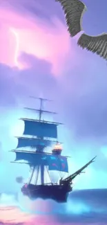 Fantasy ship sails under a pastel sky with wings overhead.