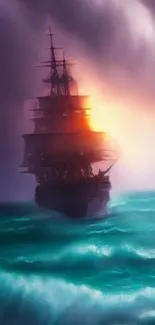 A mystical ship sails on turquoise waters against a vibrant sky.