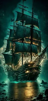 Mystical ship sailing under a teal green night sky.