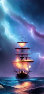 A mystical ship sailing on glowing ocean waves under a starry sky.