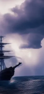 Mystical sailing ship under a dramatic cloudy sky on the ocean.