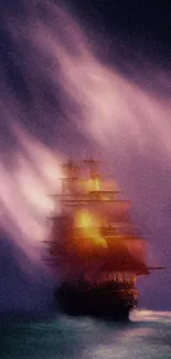 Mystical ship sailing in vibrant, moonlit ocean with purple hues.