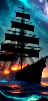 Majestic ship sailing under a vibrant, cosmic night sky.