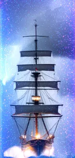 Majestic ship sailing through cosmic indigo sky with stars.