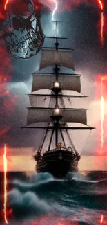 Mystical pirate ship with fiery sky and ocean waves wallpaper.