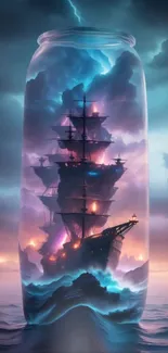 Ship trapped in a mystical bottle surrounded by colorful clouds and stormy ocean.