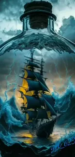 Mystical ship sailing in a bottle against stormy ocean waves and dark skies.