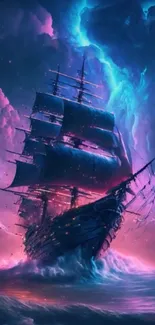 Majestic ship sailing through a colorful, stormy sky with vivid lightning.