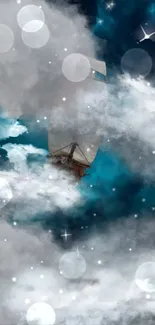 Sailing ship floating in mystical starry clouds.