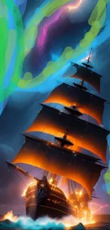 Majestic ship sailing under a vivid cosmic night with glowing auroras.