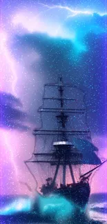 A mystical ship sails through vibrant lightning and blue ocean waters.