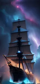 Mystical ship under vibrant neon skies on the ocean at night.