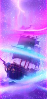 Mystical sailing ship in a neon storm with vibrant lights.