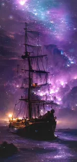 Mystical ship sailing under a starry, purple sky with cosmic ambiance.