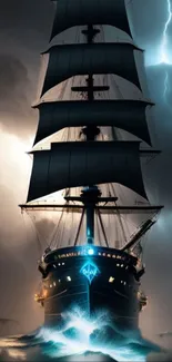 A majestic ship sails through a storm with dramatic clouds and lightning.