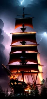 Mystical ship in a stormy sea with lightning and dark clouds.